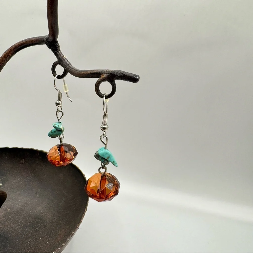 Amber Glass & Turquoise Dangle Earrings | Boho Southwestern Style Silver Hooks